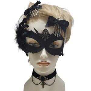 Masquerade 4 piece Set Black Eyemask,Barettes,Choker Women Halloween Mask Party